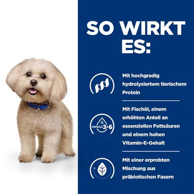 Z visoko hidroliziranim živalskim beljakovinami, ribjim oljem, esencialnimi maščobnimi kislinami, vitaminom E in prebiotičnimi vlakninami.