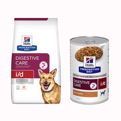 Hill's Prescription Diet Kidney Care k/d per cani, confezione con sacco grande e 10 lattine. Testo visibile: Provami!
