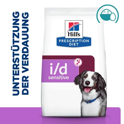 Hill's Prescription Diet i/d sensitive, texte allemand «UNTERSTÜTZUNG DER VERDAUUNG», image d'un chien, pictogramme bol de riz et œuf en haut à droite.