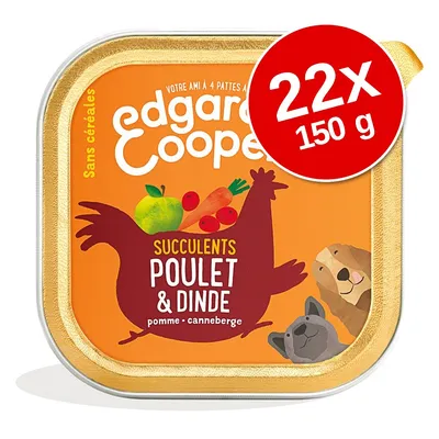 Edgard & Cooper, sans céréales, succulents poulet & dinde, pomme canneberge, lot de 22 barquettes de 150 g. Illustrations de chien et chat visibles sur l’emballage.