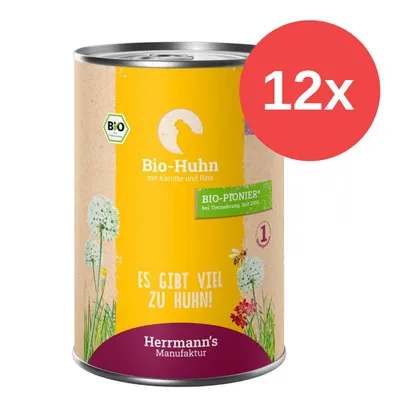 Bio-Huhn mit Karotte und Reis, Herrmann's Manufaktur. Bio-Pionier bei Tiernahrung seit 2006. Es gibt viel zu Huhn! Packung enthält 12 Dosen.