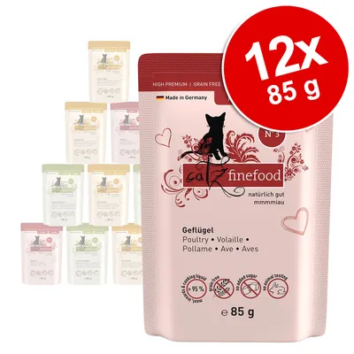 Multipack of 12 pouches, each 85g. High premium, grain free, made in Germany. Contains poultry. No added sugar, no animal testing, 95% meat content including cooking liquid. Multipack of 12 pouches, each 85g. High premium, grain free, made in Germany. Contains poultry. No added sugar, no animal testing, 95% meat content including cooking liquid.