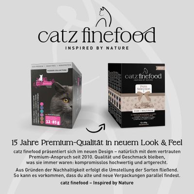 catz finefood zeigt altes und neues Verpackungsdesign. Hinweis: 15 Jahre Premium-Qualität, neues Look & Feel, gleiche hochwertige Rezeptur, nachhaltige Umstellung.