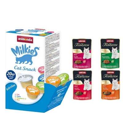 animonda Kombi-Paket: 32 x 85 g Adult Feine Vielfalt + 20 x 15 g Milkies Selection - Stückchen mit Filet (4 Sorten) + Milkies Snack (4 Sorten)