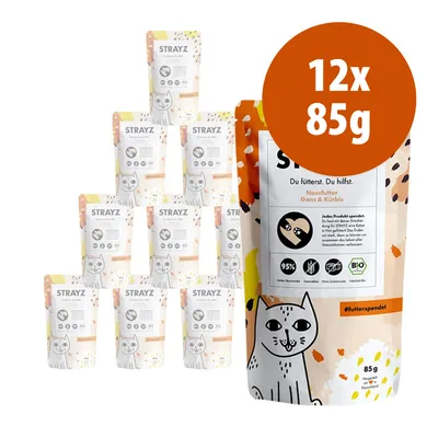STRAYZ cibo umido per gatti, confezione da 12 buste da 85 g. Testo visibile: 95%, senza cereali, BIO, Gans & Kürbis. Immagine di un gatto stilizzato sulla confezione.
