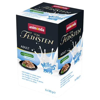 animonda Vom Feinsten Adult Milkies, mit Kaninchen in Sahnesauce, avec lapin à la crème, 6 x 100 g. Texte multilingue visible sur l’emballage.