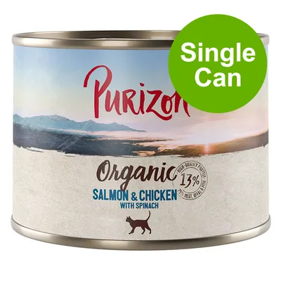 Purizon Organic Salmon & Chicken with Spinach cat food, 13% high-quality protein, Single Can text on green circle visible on tin label