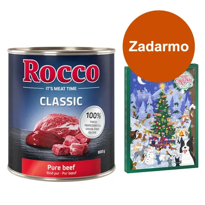 Konzerva Rocco Classic Pure beef 800 g, nápis 100 % fresh ingredients & grain-free recipe. Vedľa adventný kalendár s motívom Vianoc a oranžový kruh s textom Zadarmo.