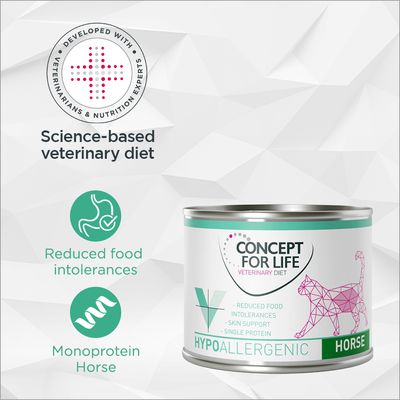 CONCEPT FOR LIFE Veterinary Diet Hypoallergenic Horse, dieta veterinaria per gatti, monoproteica, riduce intolleranze alimentari, supporto pelle. Testo in inglese sull'immagine.