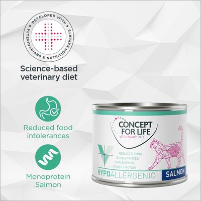 Concept for Life Veterinary Diet Hypoallergenic Salmon per gatti, ridotte intolleranze alimentari, monoproteina salmone, supporto pelle. Testo in inglese sull'immagine.