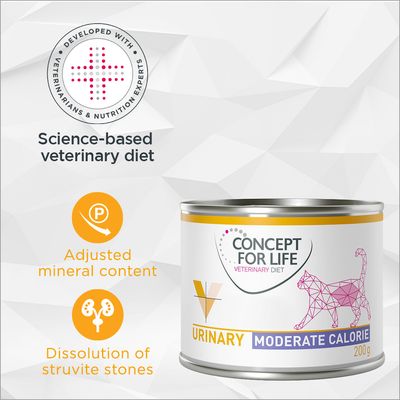 CONCEPT FOR LIFE VETERINARY DIET URINARY MODERATE CALORIE 200g, dieta veterinaria scientifica, contenuto minerale regolato, dissoluzione calcoli di struvite. Testo in inglese.
