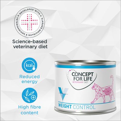 CONCEPT FOR LIFE Veterinary Diet Weight Control, alimento umido per gatti. Testo visibile: Developed with veterinarians & nutrition experts, Reduced energy, High fibre content.
