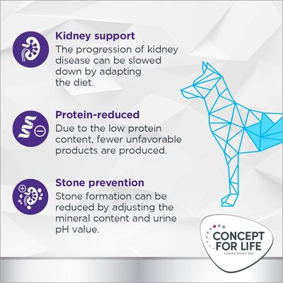 Testo in inglese: Kidney support, Protein-reduced, Stone prevention. Logo Concept for Life. Descrizioni su supporto renale, ridotto contenuto proteico e prevenzione calcoli.