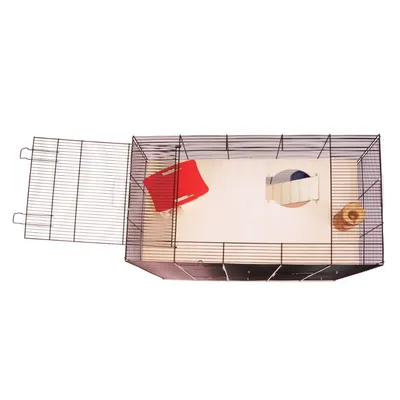 Wire cage with open top door, showing interior layout including a red platform, ramp, and wooden tunnel on a light base.