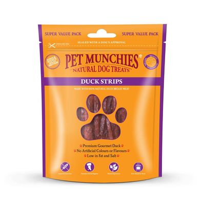 Pet Munchies Natural Dog Treats Duck Strips, made with 100% natural duck breast meat. No artificial colours or flavours. Low in fat and salt. Promotes dental hygiene.