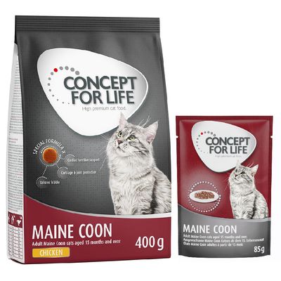 400 g Concept for Life száraztáp + 12 x 85 g nedvestáp szószban Maine Coon Adult vegyes csomag