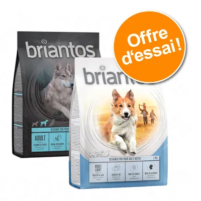 Deux sacs de croquettes briantos pour chien, variantes Adult saumon & pomme de terre et Adult Light poulet & riz, avec pastille orange « Offre d’essai ! » visible.