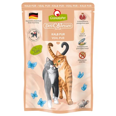 GranataPet DeliCATessen Vitello puro, prodotto in Germania, senza test sugli animali, paté, con semi di melograno, olio di salmone, cozza verde, senza cereali.