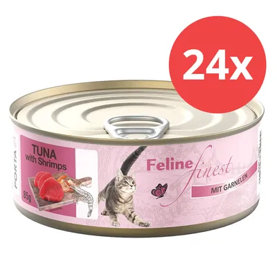 Feline Finest Dose, 85g, Thunfisch mit Garnelen. Packung enthält 24 Dosen.