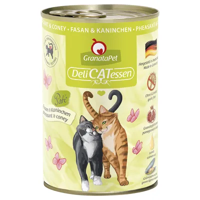 GranataPet DeliCATessen Paté faisán y conejo. Fabricado en Alemania, sin cereales, con semillas de granada y aceite de lino. Sin pruebas en animales.
