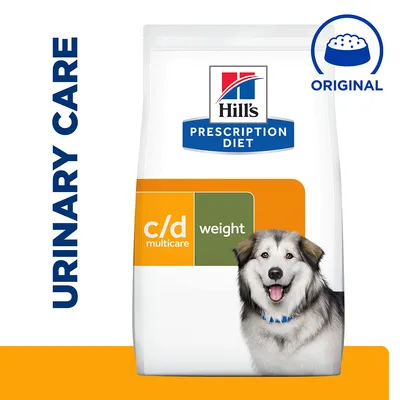 Hill's Prescription Diet c/d multicare weight food, labelled for urinary care and original recipe, with a dog pictured on the packaging.