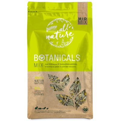 Опаковка Bunny all nature Botanicals Mix с ехинацея и слънчогледови цветове, 100% натурално, 0% зърнени храни. Видими листа и билки през прозорец на опаковката.