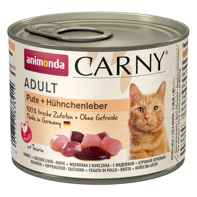 animonda Carny ADULT Pute + Hühnerleber, 100% frische Zutaten, Ohne Getreide, Made in Germany, avec morceaux de dinde et foie de poulet visibles sur l’étiquette