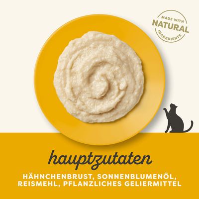 Hauptzutaten: Hähnchenbrust, Sonnenblumenöl, Reismehl, pflanzliches Geliermittel. Made with natural ingredients.