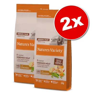 Lot de 2 sacs Nature’s Variety Medium/Maxi Adult (>10 kg), viande désossée, sans céréales, au poulet, 12 kg chacun. Texte visible : « Protein Quality Digestibility », « No grain »