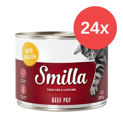 Smilla Beef Pot comida para gatos, lata de 200g, con pollo, contiene taurina, receta sin cereales, Made in Germany. Paquete de 24 unidades.