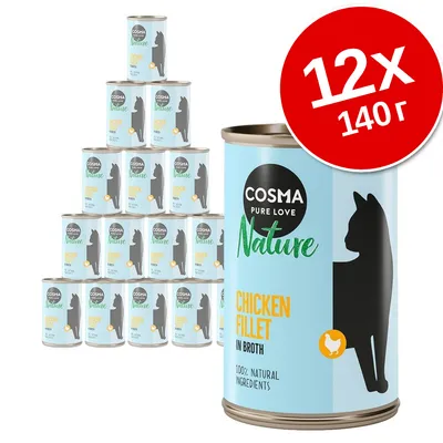 Cosma Pure Love Nature Chicken Fillet in Broth, 12×140 г консерви. Видими надписи: 100% natural ingredients. Опаковка със силует на котка и пиле.