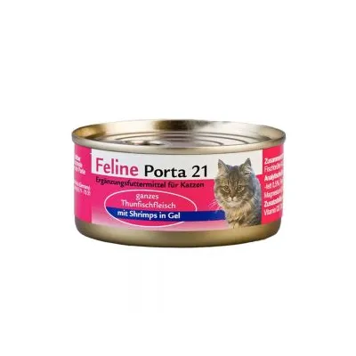 Feline Porta 21, alimento complementare per gatti, ganzer Thunfischfleisch mit Shrimps in Gel. Testo in tedesco sull'etichetta.
