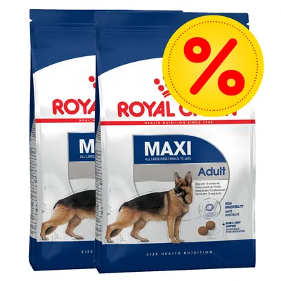 Royal Canin Maxi Adult, Trockenfutter für grosse Hunde ab 15 Monaten, hohe Verdaulichkeit und Unterstützung von Knochen und Gelenken. Rabatt-Symbol sichtbar.