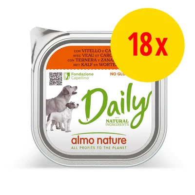 Barquette Daily almo nature avec veau et carottes, 18x. Texte visible : Fondazione Capellino, NO GLUTEN, with NATURAL INGREDIENTS, ALL PROFITS TO THE PLANET. Image de deux chiens. Barquette Daily almo nature avec veau et carottes, 18x. Texte visible : Fondazione Capellino, NO GLUTEN, with NATURAL INGREDIENTS, ALL PROFITS TO THE PLANET. Image de deux chiens.