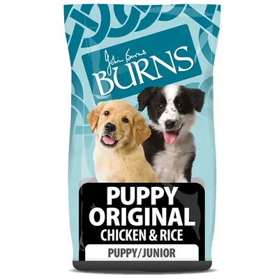 Pachet Burns Puppy Original Chicken & Rice, text vizibil: PUPPY ORIGINAL CHICKEN & RICE, PUPPY/JUNIOR, imagine cu doi căței pe ambalaj. Pachet Burns Puppy Original Chicken & Rice, text vizibil: PUPPY ORIGINAL CHICKEN & RICE, PUPPY/JUNIOR, imagine cu doi căței pe ambalaj.