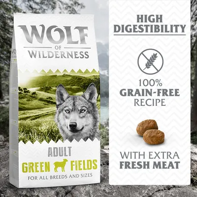 Wolf of Wilderness Adult Green Fields dla wszystkich ras i rozmiarów, wysoka strawność, 100% grain-free recipe, with extra fresh meat