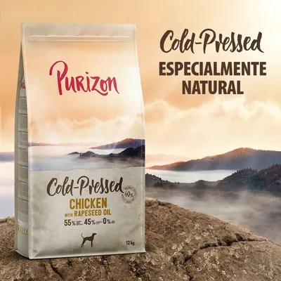 Saco de 12 kg Purizon Cold-Pressed Chicken with Rapeseed Oil, 55 % pollo, 45 % otros ingredientes, 0 % grano. Texto visible: Cold-Pressed, Especialmente natural.