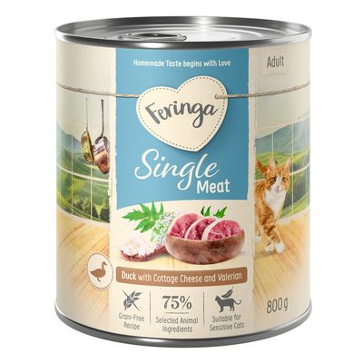 Feringa Single Meat Adult, kačica s tvarohom a valeriánou, bez obilnín, 75 % vybraných živočíšnych prísad, vhodné pre citlivé mačky, 800 g konzerva.