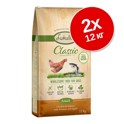 Lukullus Classic Adult Chicken & Salmon with Potatoes and Apple, 2x12 кг. Сухa храна за кучета. Видими икони: без зърнени, плодове и зеленчуци, с масло от сьомга, натурален вкус.