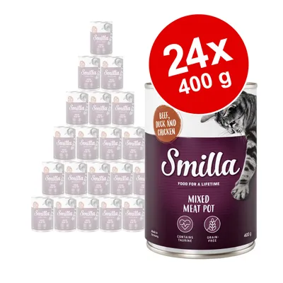 Smilla Mixed Meat Pot våtfoder för katt, nötkött, anka och kyckling. 24 x 400 g burkar. Text: contains taurine, grain-free, made in Germany.