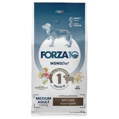 Forza10 MONODiet hondenvoer, hypoallergeen, rijk aan lam, voor medium adult honden 11–35 kg, 1 eiwitbron, low grain, zak van 12 kg. Tekst: immunity support, optimal digestion.