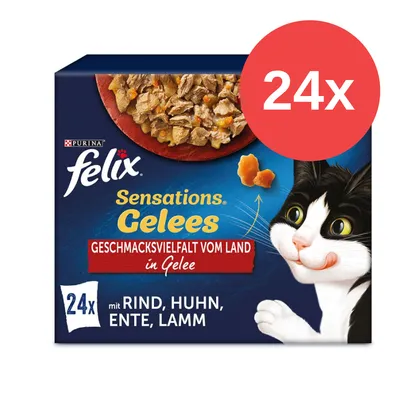 Purina Felix Sensations Gelees, Geschmacksvielfalt vom Land in Gelee, 24x mit Rind, Huhn, Ente, Lamm. Purina Felix Sensations Gelees, Geschmacksvielfalt vom Land in Gelee, 24x mit Rind, Huhn, Ente, Lamm.