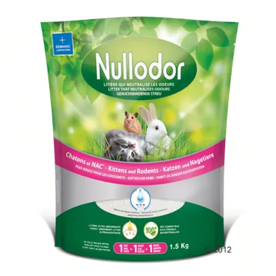 Nullodor stelivo pohlcující zápach, vhodné pro kočky a hlodavce, 1,5 kg. Ultraabsorpční, biokompatibilní, šetrné k tlapkám.