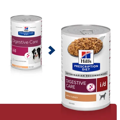 Hill's Prescription Diet Digestive Care i/d with Turkey hundefoder dåse, før og efter designændring. Synlig tekst: VETERINARIAN RECOMMENDED, DIGESTIVE CARE, i/d, WITH TURKEY, DOG FOOD.