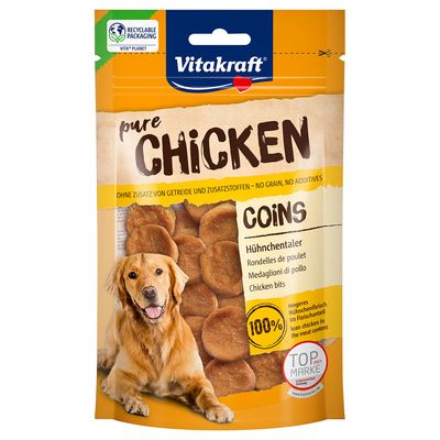 Vitakraft pure Chicken Coins, chicken medallions without grain or additives. Less plastic, recyclable packaging. 100% lean chicken meat. Top Brand 2021.