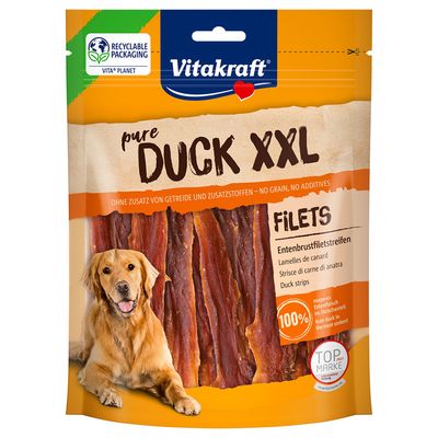 Vitakraft pure Duck XXL fillets, duck breast strips, grain-free, no additives, 100% lean duck meat, less plastic, recyclable packaging.