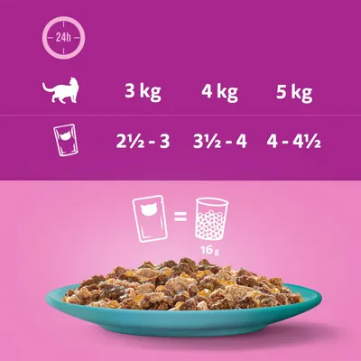 Conseils d’alimentation pour chat : 3 kg 2½–3 sachets, 4 kg 3½–4 sachets, 5 kg 4–4½ sachets par jour. 1 sachet équivaut à 16 g de croquettes.