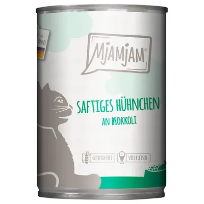 Mjamjam Poulet juteux avec brocoli, sans céréales, riche en viande. Fabriqué en Allemagne.