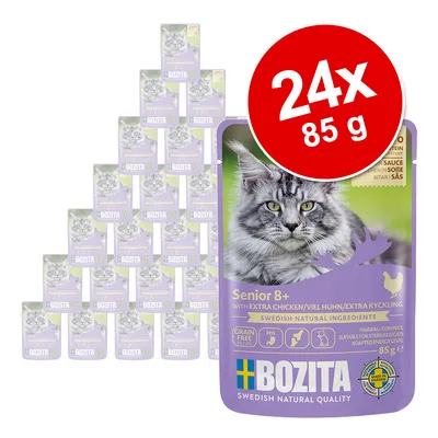 Bozita Senior 8+ cat food, 24x85g, with plenty of chicken in sauce, grain-free, Swedish natural ingredients, suitable for sterilised cats. Made in Sweden.