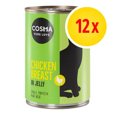 Cosma Pure Love chicken breast in jelly, single protein pure meat, pack of 12 cans shown on label.